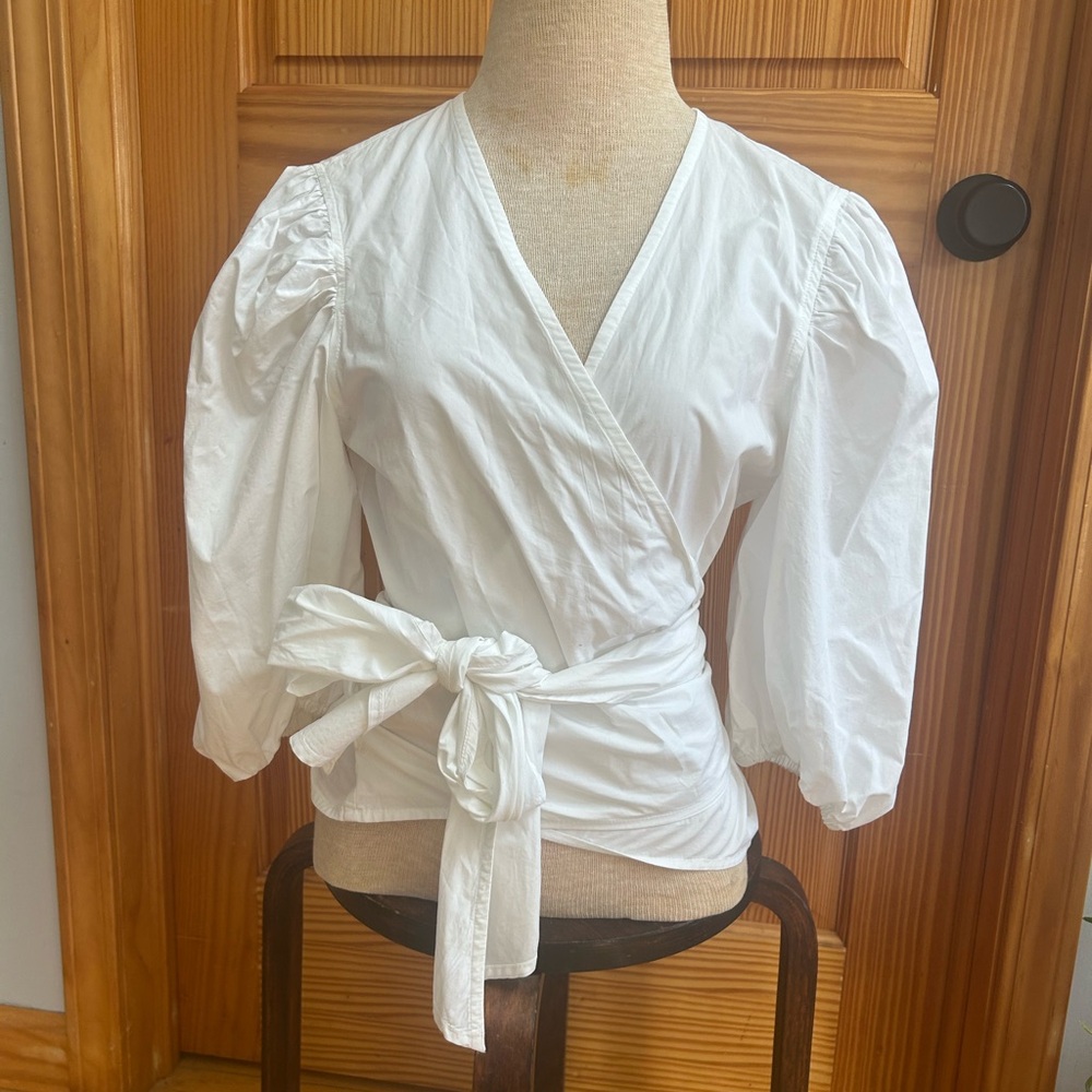 Ganni White Puff Sleeve Wrap Blouse